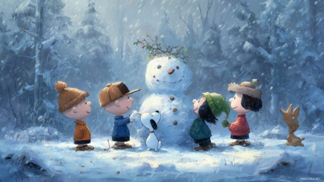 Charlie Brown Wallpaper For Mac, A Cozy Winter Scene Of Charlie Brown Building A Snowman, Surrounded By Friends In A Snowy Landscape