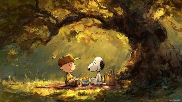 Charlie Brown Wallpaper Free Download, Charlie Brown And Snoopy Enjoying A Picnic Under A Large Tree, With Warm Sunlight Filtering Through The Leaves