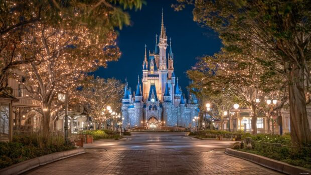 Charming Disney Castle, a charming view of a fairy tale castle encircled by twinkling lights and enchanting woodland creatures.