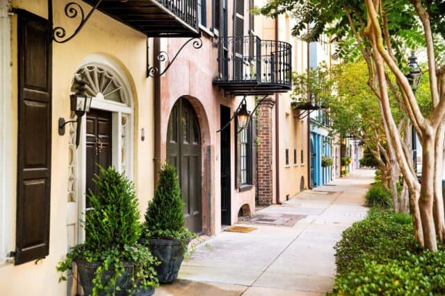 Charming Historic Street with Colorful Houses and Trees in South Carolina Wallpapers