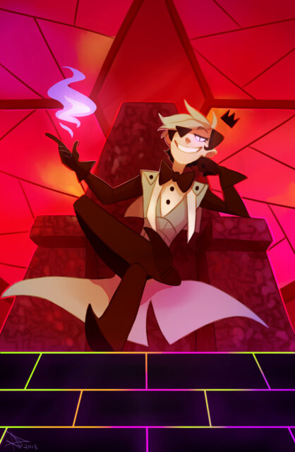 Charming Human Bill Cipher Sitting on Throne in Red Glowing Room Wallpaper