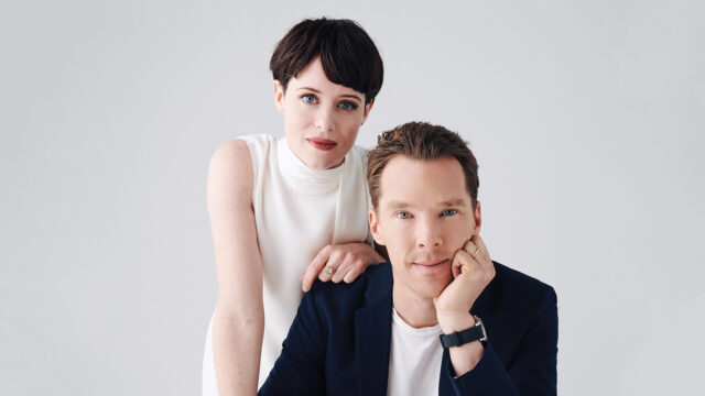 Claire Foy Elegant Portrait with Male Actor in Minimalist Studio Setting for Wallpapers