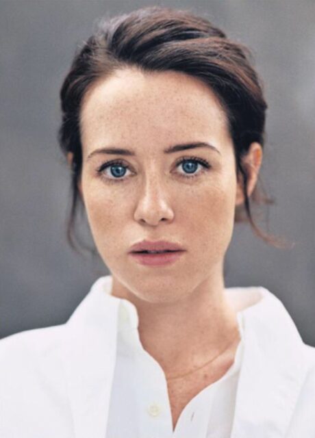 Claire Foy close up portrait with natural makeup and white shirt for wallpapers