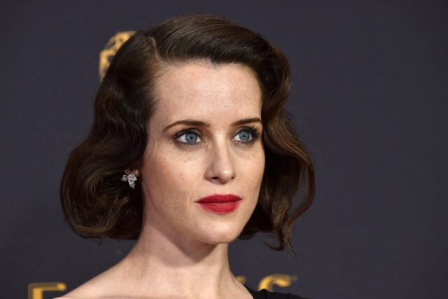 Claire Foy close up portrait with vintage hairstyle and red lipstick for wallpapers