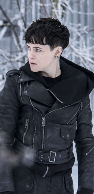 Claire Foy in Black Leather Jacket Winter Forest Wallpaper