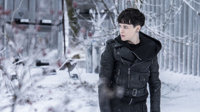 Claire Foy in Black Leather Jacket Winter Snow Scene Wallpaper