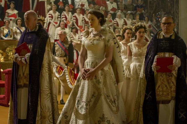 Claire Foy in Royal Coronation Scene Stunning Historical Drama Wallpaper
