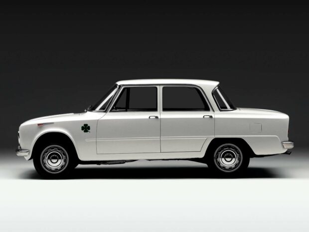 A white classic Alfa Romeo car is displayed on a gray and white background, HD Desktop Wallpaper
