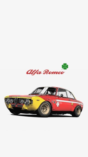 A red and yellow Alfa Romeo adorned with racing decals is shown against a white background, HD Phone Wallpaper