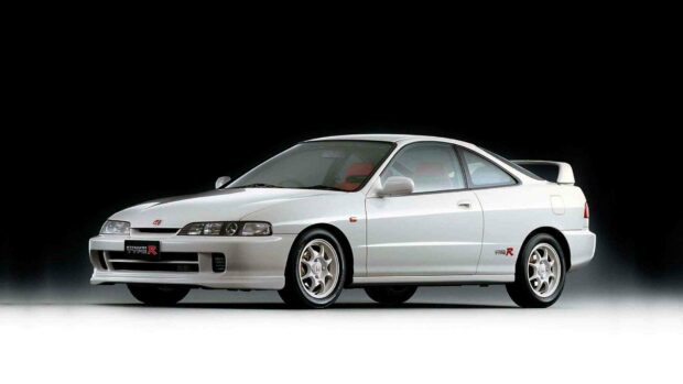 A white Honda Integra Type R is displayed on a black and white gradient background, showcasing its sporty design, Honda Integra Wallpapers, HD Desktop Wa