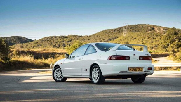 A white Honda Integra Type R is parked on a sunny road with hills in the background, HD Desktop Wallpaper