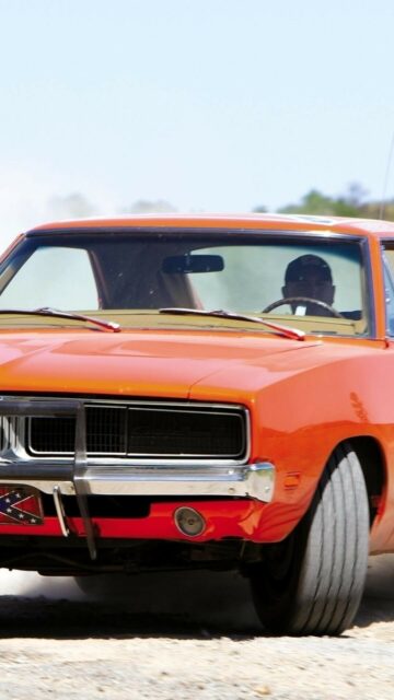 Classic Orange General Lee Car Drifting on Dirt Road High Quality Wallpaper