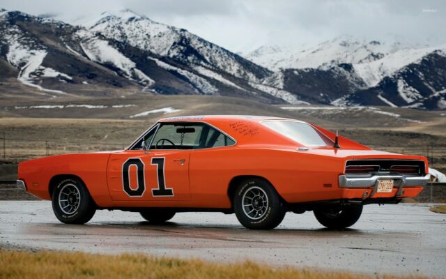 Classic Orange General Lee Car Wallpaper with Mountain Background and Number 01