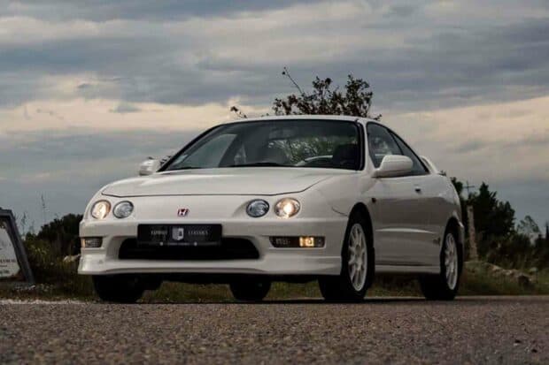 A white Honda Integra is parked on a road under a cloudy sky, HD Desktop Wallpaper