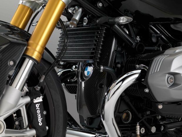 The Bmw R Nine T engine and front fork are shown in detailed close up, highlighting its design features, HD Desktop Wallpaper