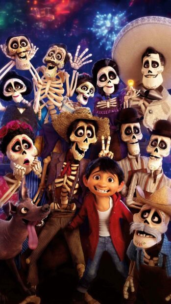 A young boy and skeletal characters celebrate with joy in the Coco cartoon, 2K Phone Wallpaper