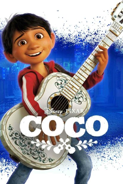 A smiling cartoon character from Coco cartoon wallpapers holding a decorative guitar, 2K Mobile Wallpaper