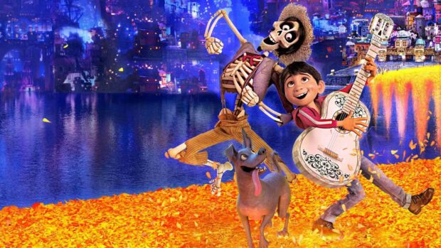 A boy plays a guitar with a skeleton and a dog on a bed of orange petals by the water, HD Desktop Wallpaper
