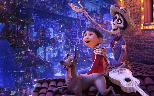 A boy, a skeleton, and a dog enjoy a colorful night in the city, HD Desktop Wallpaper