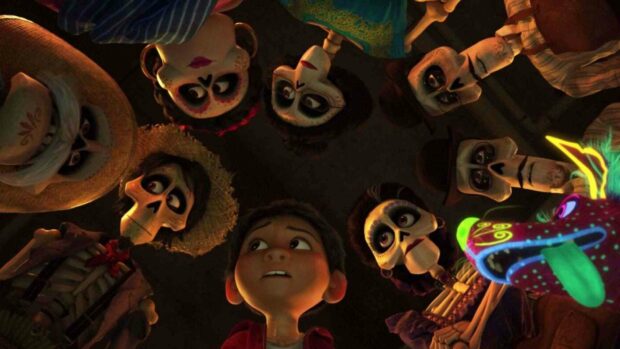 A boy and skeleton characters looking down in a dimly lit room from the Coco cartoon, HD Desktop Wallpaper