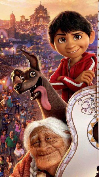 A joyful scene from Coco cartoon features a boy, a dog, and an elderly woman in a vibrant town, HD Mobile Wallpaper
