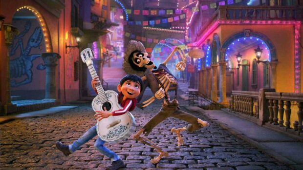 A boy and a skeleton joyfully playing music in a colorful street scene from Coco cartoon wallpapers, HD Desktop Wallpaper