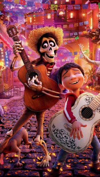 A joyful boy and a skeleton character play guitars in a colorful festive street, 4K Mobile Wallpaper