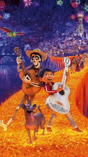 A boy and a skeleton joyfully playing guitars on a glowing petal path with a happy dog, 2K Phone Wallpaper