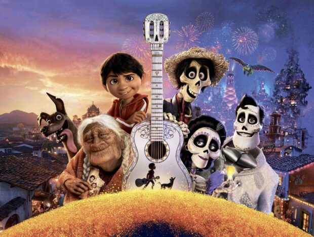 The image shows Coco cartoon characters standing together with a glowing guitar and fireworks in the background, HD Desktop Wallpaper