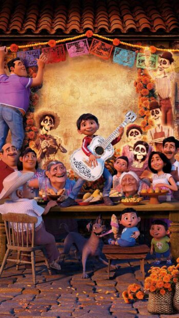 A vibrant scene of Coco cartoon wallpapers showing a joyful family celebration with colorful decorations, 2K Phone Wallpaper