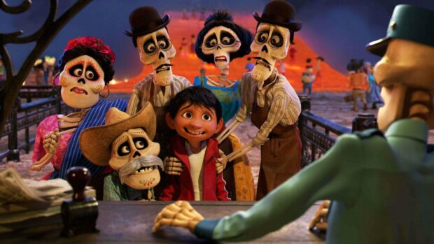 A young boy with skeleton family members stands before an officer in a colorful animated scene featuring Coco cartoon wallpapers, 4K Desktop Wallpaper