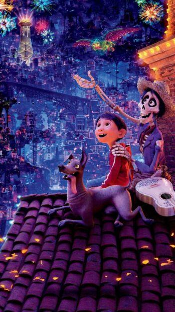 A boy, a skeleton, and a dog enjoy the night in a glowing cityscape from Coco cartoon wallpapers, 2K Mobile Wallpaper