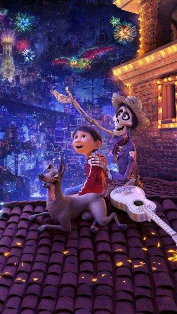 A boy and skeleton with dog enjoy fireworks over a colorful city, HD Mobile Wallpaper