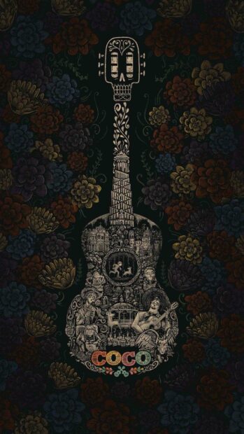 A detailed illustration of Coco characters forming a guitar surrounded by colorful flowers, 2K Phone Wallpaper