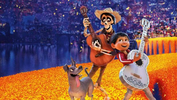 The Coco cartoon characters joyfully play guitars among glowing petals by the water, 2K Desktop Wallpaper