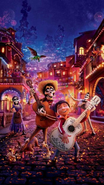 A joyful boy and skeleton musicians playing guitars in a colorful festive street scene, 2K Mobile Wallpaper