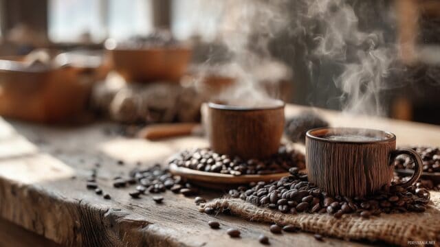 Coffee Desktop Wallpaper, A Cozy Coffee Shop Scene With Steaming Mugs And Roasted Beans On A Wooden Table