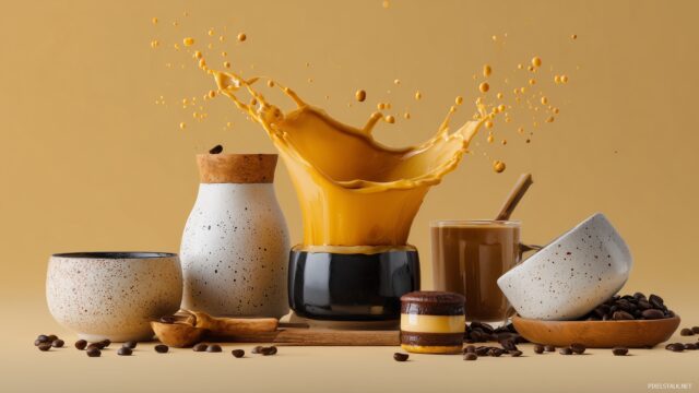 Coffee Desktop Wallpaper HD, A Vibrant Still Life Of Coffee Accessories With A Splash Of Coffee Dripping Down