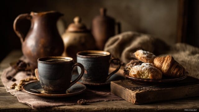 Coffee Desktop Wallpaper High Resolution, A Warm Ambiance Featuring A Rustic Table Set With Coffee Mugs And Pastries