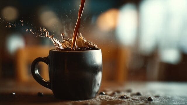 Coffee HD Desktop Wallpaper, A Rich Dark Brew Poured Into A Stylish Mug With A Blurred Café Backdrop