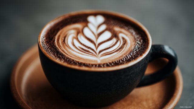 Coffee HD Wallpaper, A Close Up View Of A Latte Art Beautifully Crafted In A Ceramic Cup