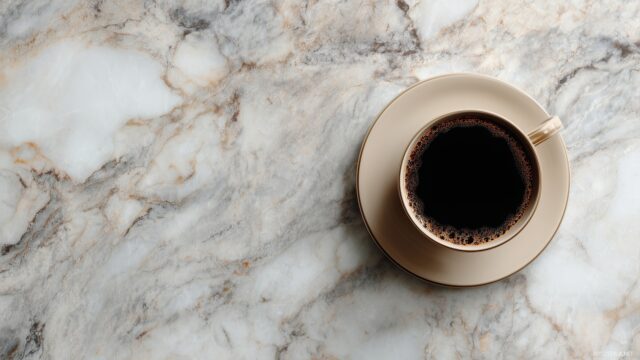 Coffee HD Wallpaper For Mac, A Minimalistic Design Featuring A Single Coffee Cup On A Marble Background