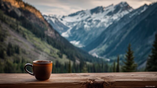 Coffee HD Wallpaper Free Download, An Impressive View Of Mountain Ranges With A Cozy Coffee Setup In The Foreground