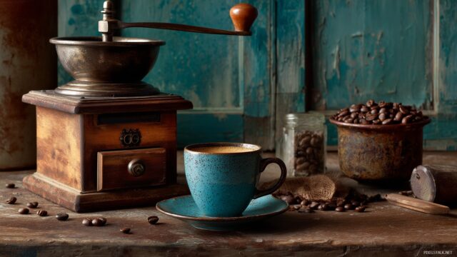 Coffee High Definition Desktop Wallpaper, A Rustic Kitchen Setting With Freshly Brewed Coffee And A Vintage Grinder