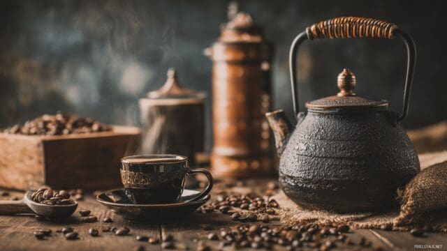 Coffee Wallpaper HD For Desktop, An Inviting Scene Of A Coffee Making Process With Beans, A Kettle, And A Cup
