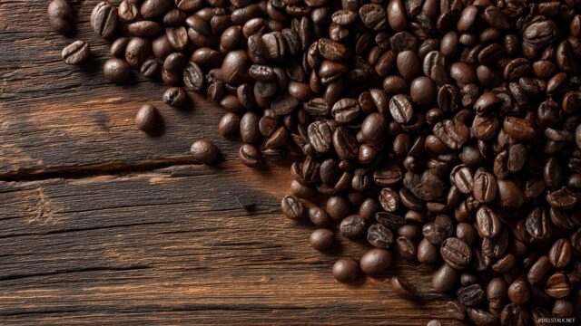 Coffee Wallpaper For Desktop Computer, An Elegant Arrangement Of Coffee Beans Scattered On A Wooden Surface