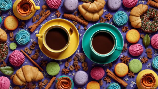 Coffee Wallpaper For PC, An Artistic Composition Of Coffee Cups Surrounded By Colorful Pastries And Cinnamon Sticks