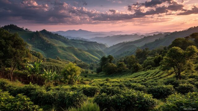 Coffee Wide Screen Desktop Wallpaper, A Picturesque Sunrise Over A Coffee Plantation With Lush Green Hills