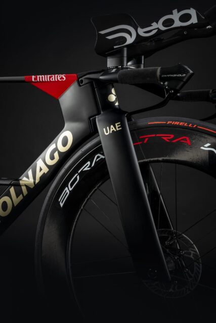 Colnago UAE Team Time Trial Bike Close Up with Deda and Campagnolo Parts