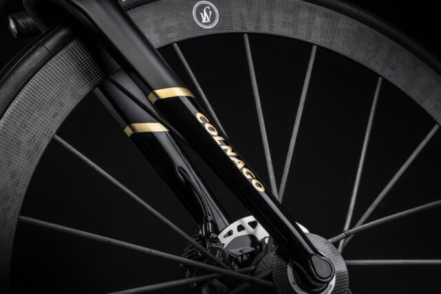 Colnago bicycle fork and carbon wheel close up detail wallpaper for cycling fans